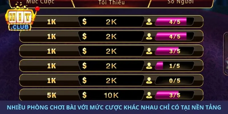 Nhiều phòng chơi bài với mức cược khác nhau chỉ có tại nền tảng